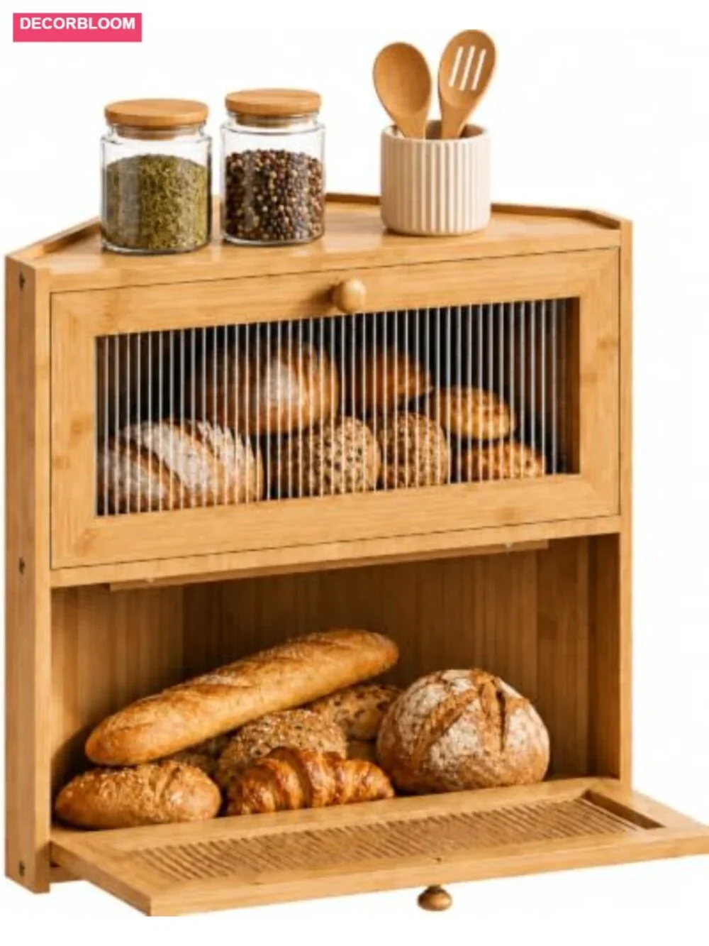 Corner Bread Box Double Layer Bamboo Storage with Wavy Windows Farmhouse Bread